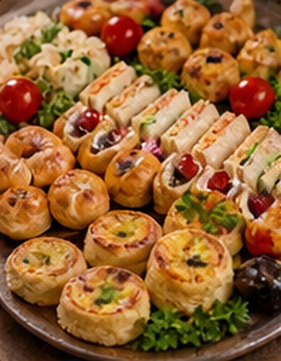 Platter of sandwiches, quiches and savoury pastries